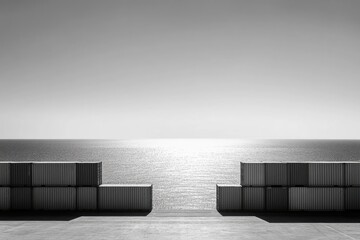 Minimalist black and white shot of shipping containers framing a shimmering ocean backdrop under a clear sky.