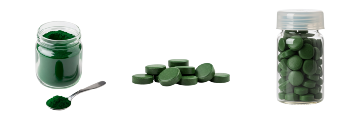 Spirulina Forms Collection. Photorealistic, green, powder, tablets, jar, spoon, transparent background. Natural superfood, nutrition. Health stores, wellness, dietary packaging