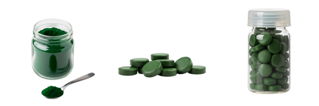 Spirulina Forms Collection. Photorealistic, green, powder, tablets, jar, spoon, transparent background. Natural superfood, nutrition. Health stores, wellness, dietary packaging