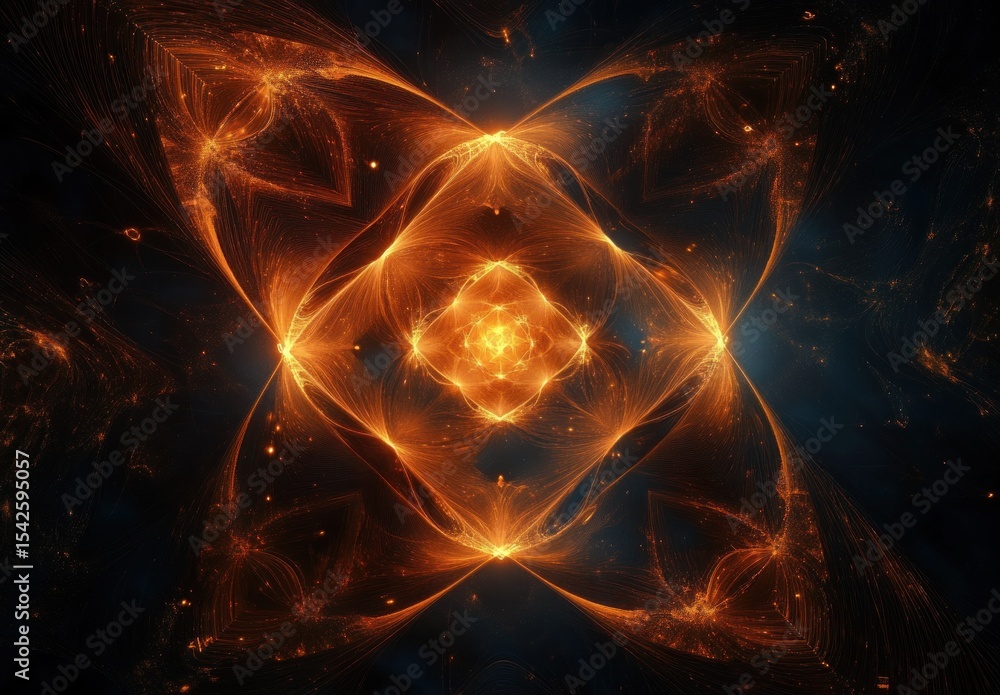 Poster intricate glowing fractal pattern with swirling golden light strands radiating from a central core i