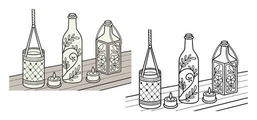 Decorative hand drawn illustrations of candles and lanterns with floral bottle embellishments on a wooden surface
