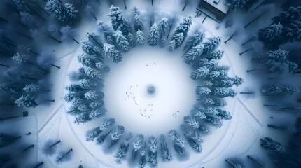 A grand epic scene depicting an aerial view of circular winter treetops in a snowy landscape using candid street photography style, featuring urban scenes, spontaneous moments, massive scale