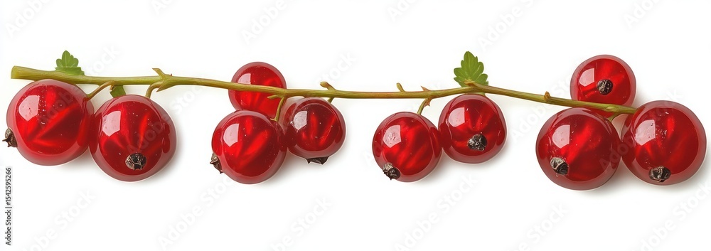 Poster fresh cluster of red currant berries with green leaves on a white background, displaying glossy, vib