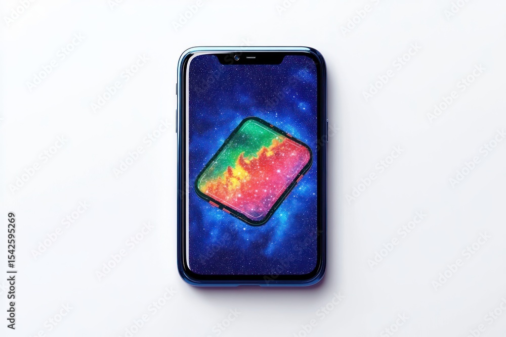 Aufkleber smartphone displaying a colorful space-themed abstract image on a white background