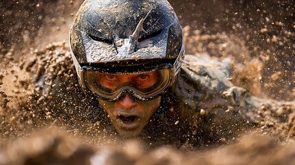 Close-up of a Determined Person Covered in Mud, Crawling Forward with Goggles On, Representing Resilience, Obstacle Course, and Overcoming Challenges