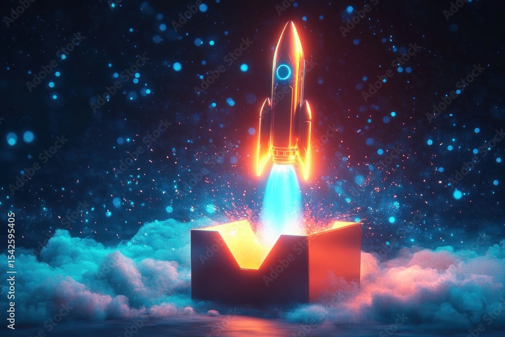 Aufkleber brightly glowing rocket launching upward from an open box surrounded by clouds and vibrant sparkles 