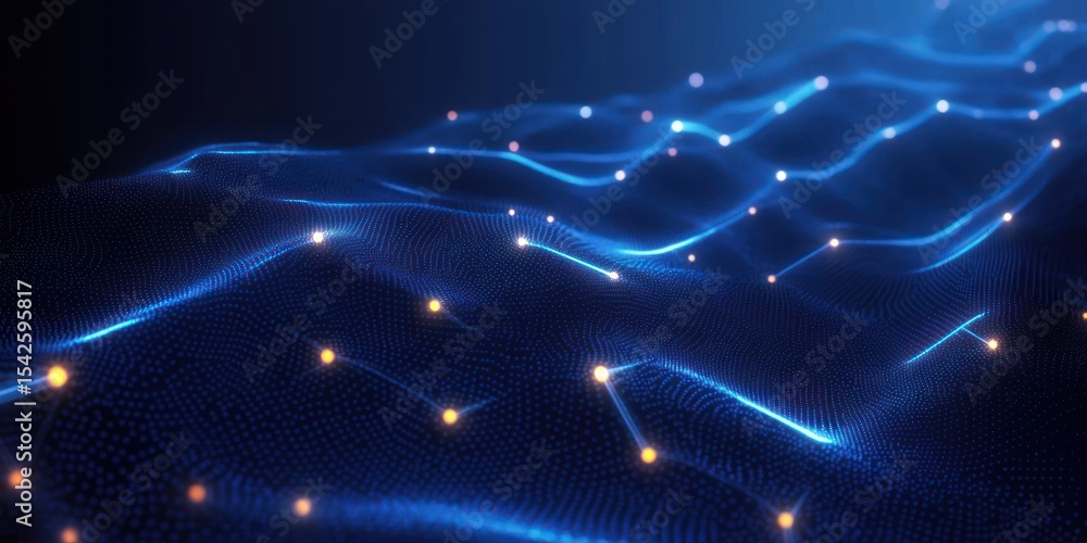 Poster abstract glowing blue wave grid with scattered bright orange points connected by lines on a dark bac
