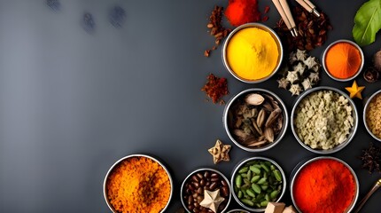 High-resolution stock photo of colorful spices in metal tins on a dark background, featuring a smooth gradient transition, seamless color blending, and professional quality for commercial use 