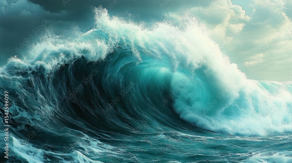 Aufkleber powerful ocean wave with frothy white crest curling under cloudy sky, capturing the dynamic and maje
