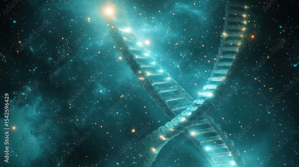 Poster glowing double helix dna structure floating in a starry cosmic space with bright stars and nebulae, 