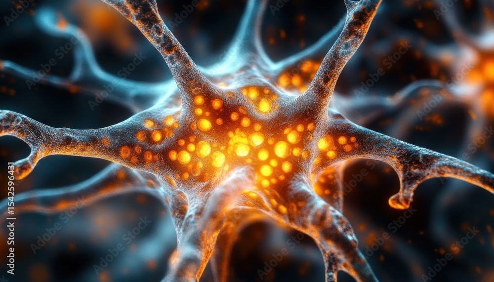 Poster close-up view of an illuminated neuron with glowing orange synaptic vesicles surrounded by dark blur