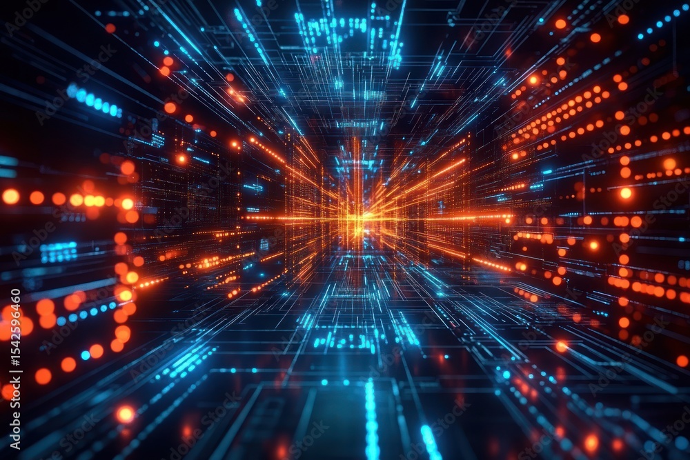 Poster abstract futuristic digital tunnel with glowing orange and blue lines and dots creating a sense of d