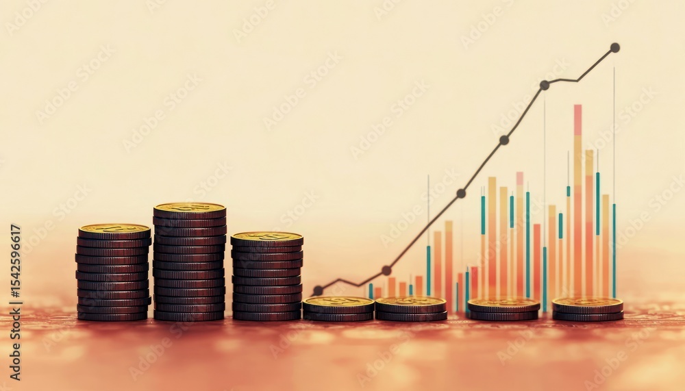 Poster stacks of gold coins arranged in ascending and descending order representing financial growth with a