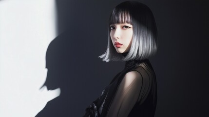 黒いドレスを着たボブヘアーの魅惑的な女性