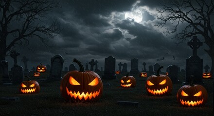 Spooky jack olanterns in a rainy graveyard