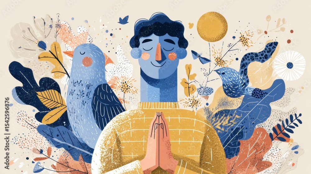 Poster exploring the science of gratitude hormones through creative illustration featuring a person meditat
