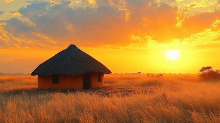 Small traditional hut with thatched roof in golden field under vibrant orange sunset sky with scattered clouds