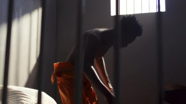 Shirtless African American inmate throwing papers and pillow in anger, then sitting on bed and covering his face in emotional outburst in prison cell