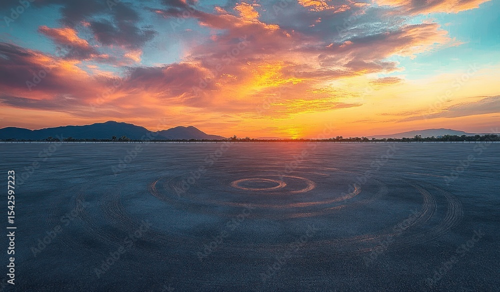 Poster vibrant sunset over distant mountains with dramatic clouds and circular patterns in the foreground o