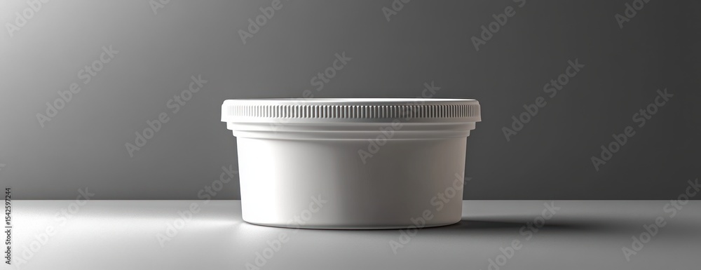 Poster white plastic container with a screw-on lid standing on a smooth surface against a gray background