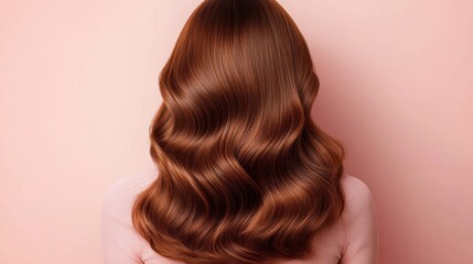 Naklejka premium Shiny smooth wavy chestnut brown hair cascading over shoulders against soft pink background, showcasing healthy texture and volume