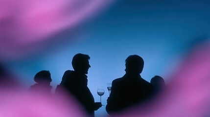Silhouettes of people conversing, dimly lit, blurred background