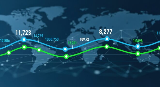 A blue and green line graph with numerical labels overlaid on a world map background illustration - Powered by Adobe