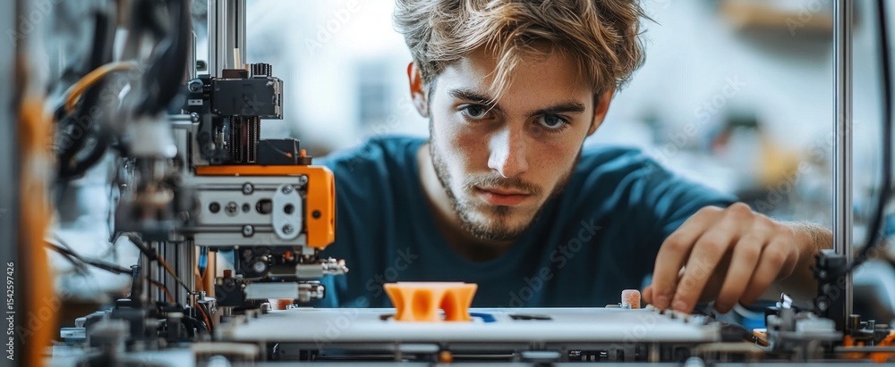 Poster focused young man operating 3d printer in workshop with orange print emerging on printing platform