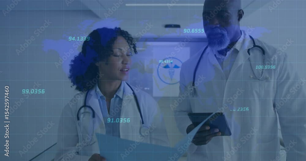Poster medical team opening chart noting while scrolling tablet with data overlays for review