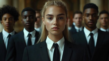 Group of serious young professionals in formal black suits and white shirts standing confidently indoors with a focused blonde woman at the forefront