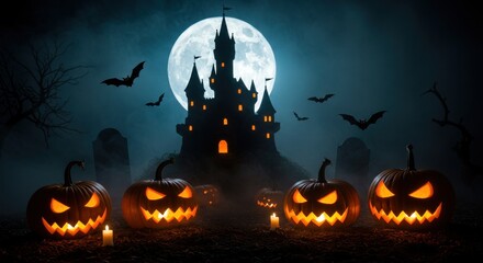 Haunted halloween castle with jack o lanterns and bats