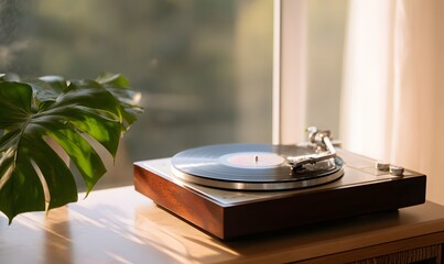 a vintage vinyl record player on a walnut wood console, with one record spinning slowly.  Generative AI