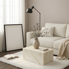 Living Room with White Sofa and Marble Coffee Table