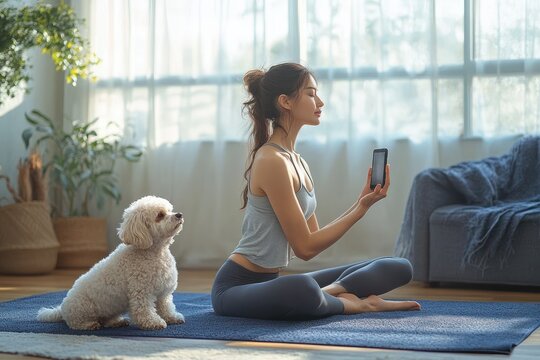 Young woman sitting cross-legged on a yoga mat indoors holding a smartphone with a small fluffy white dog sitting beside her in a bright, cozy living room