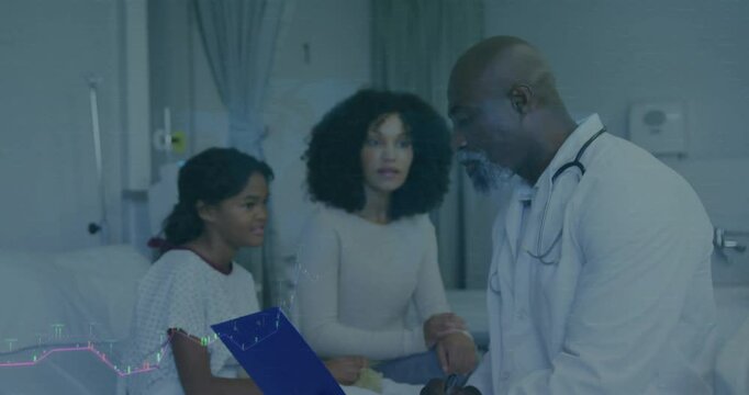 Physician presenting chart with live vital signs overlay after mother tapping for clarification