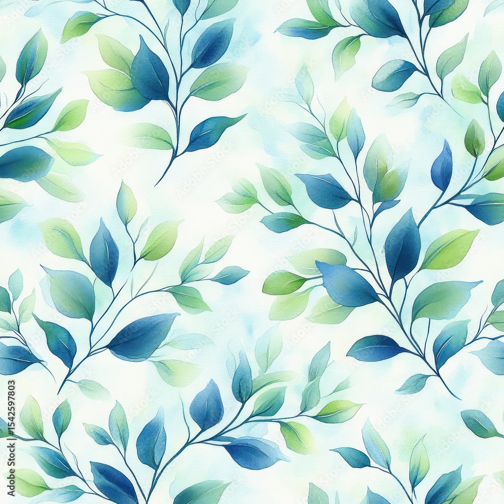 Poster seamless pattern of delicate blue and green watercolor leaves on light background creating a fresh a