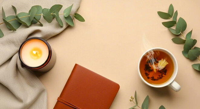 Boho Wellness Flat Lay with Tea, Candle, Journal and Eucalyptus &ndash; Neutral Aesthetic