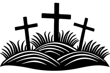 Three Crosses Silhouette on Grassy Hill A Symbolic Illustration of Faith, Loss, and Remembrance