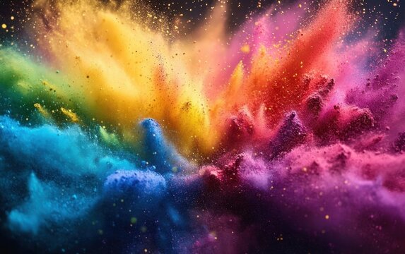 Explosion of vibrant colored powder clouds in blue, yellow, red, purple, and pink creating a dynamic and energetic visual effect