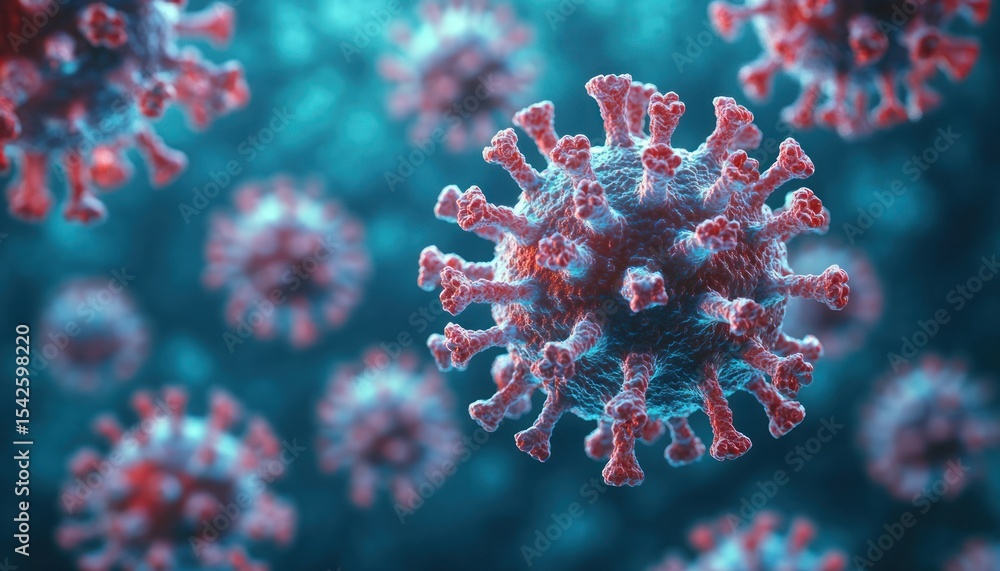 Poster close-up 3d rendering of multiple virus particles with detailed surface spikes representing a micros
