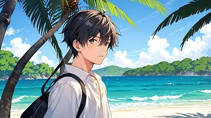 Anime art of a handsome man on a tropical beach with a serene, dreamy expression.