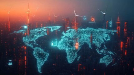 Futuristic cityscape at sunset with digital world map overlay and wind turbines symbolizing global connectivity and sustainable energy