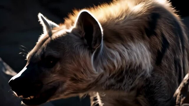 hyaeninae - A close-up of a hyena in a natural setting, showcasing its distinctive features as it surveys its surroundings, with blurred background elements