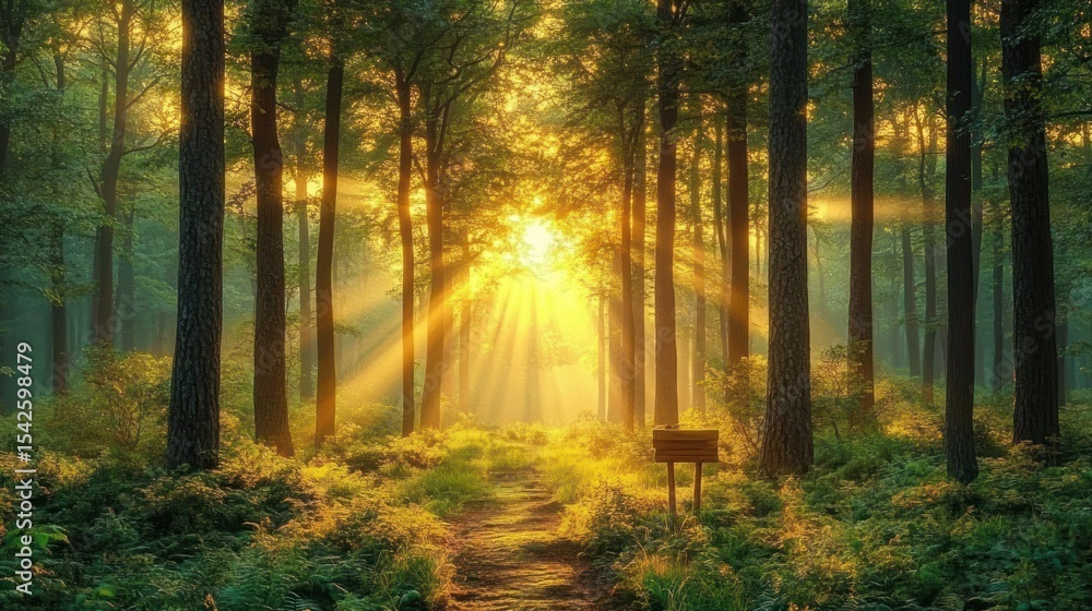 Poster sunlight streaming through tall trees in a lush green forest pathway with scattered bushes and soft 