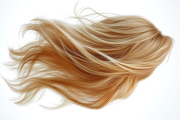 Fototapeta premium Close-up of flowing light brown and blonde hair strands gently swirling against a white background conveying softness and movement
