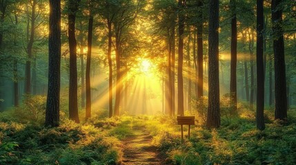 Fototapeta premium Sunlight streaming through tall trees in a lush green forest pathway with scattered bushes and soft morning light creating a peaceful and serene atmosphere