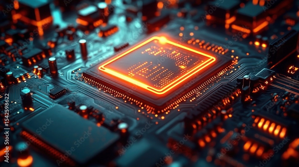 Poster close-up of a glowing orange microchip on a dark circuit board highlighting intricate electronic com