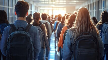 Back view of a group of students walking through a brightly lit school hallway carrying backpacks filled with anticipation and energy