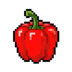 A vibrant red bell pepper rendered in classic pixel art style, perfect for retro gaming, digital interfaces, or food themed designs.