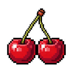 A vibrant pixel art illustration featuring two red cherries connected by their green stems, evoking a classic retro video game aesthetic. Ideal for gaming themes or nostalgic designs.